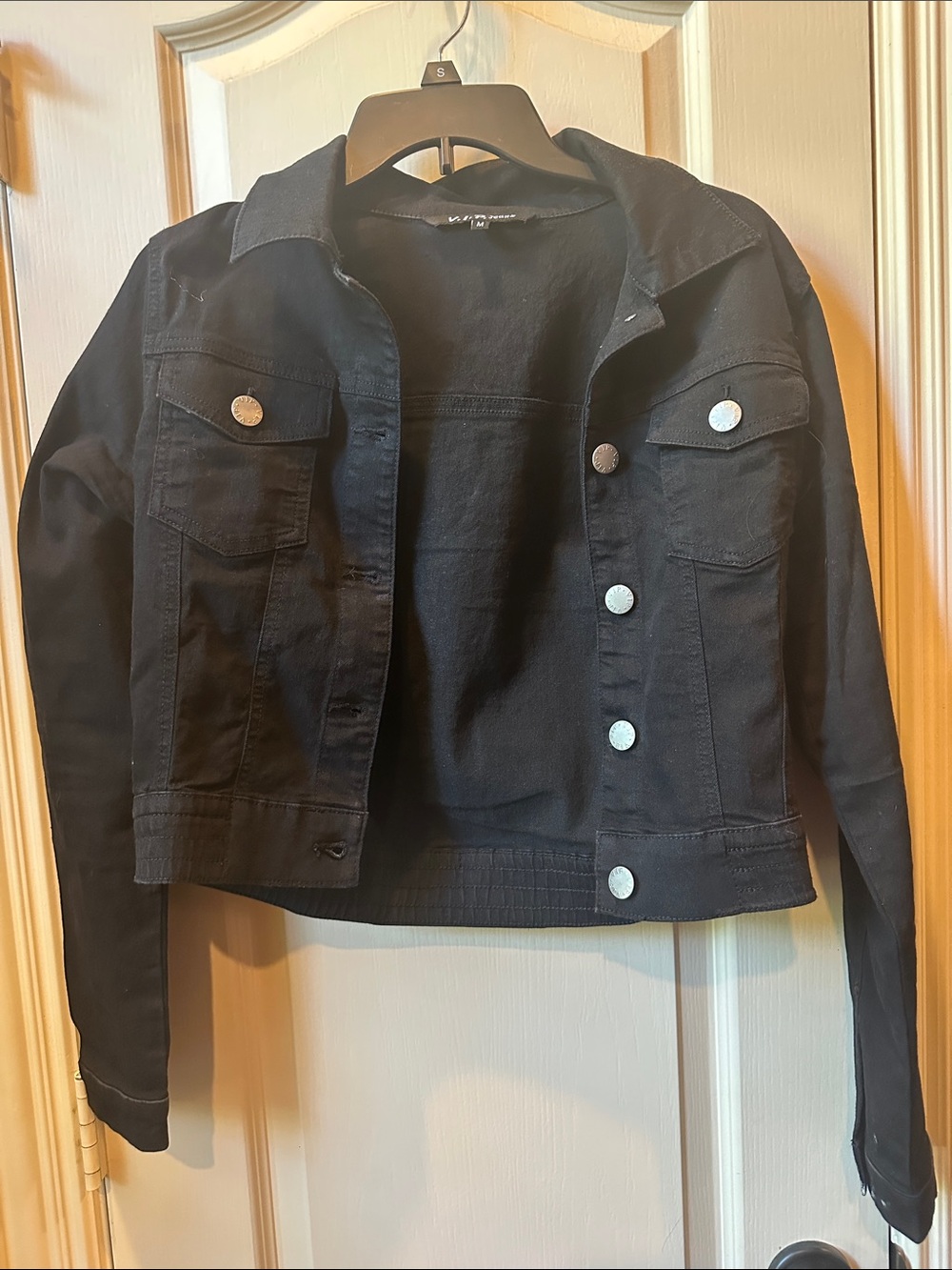 VIP Black Denim Trucker Jacket with Silver Buttons